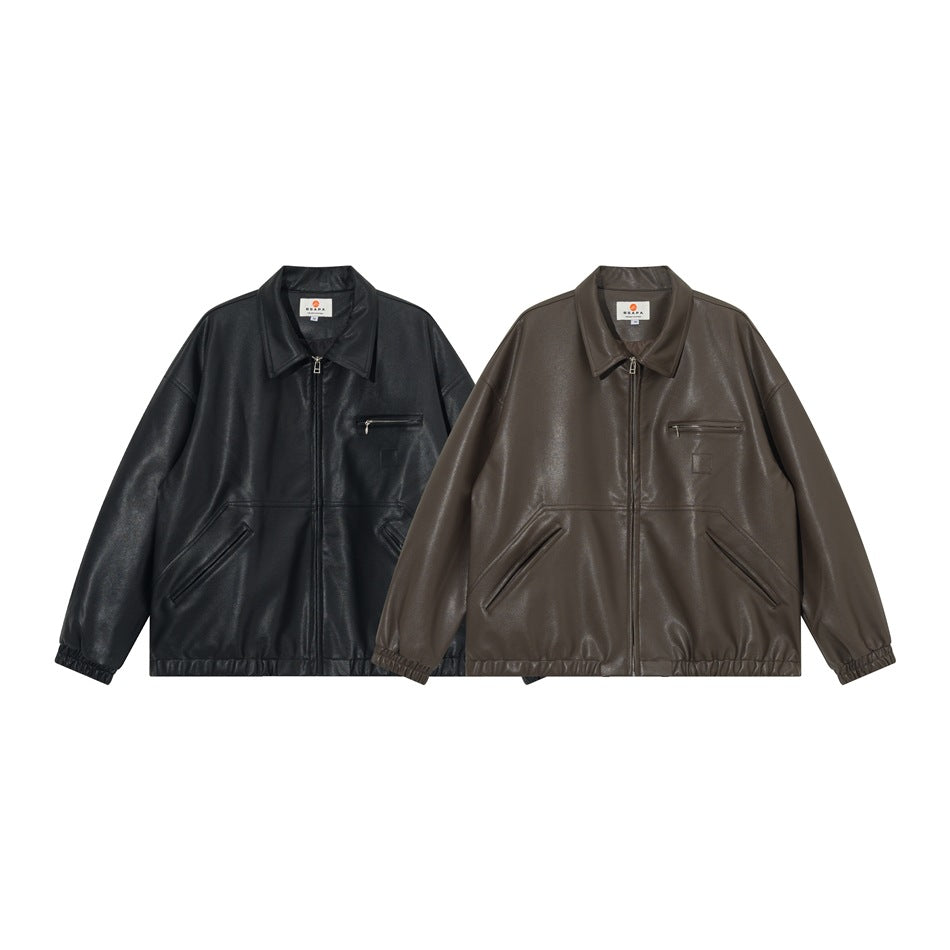 Front view of two collared zip-front jackets, one black and one dark brown, with chest and angled lower pockets.