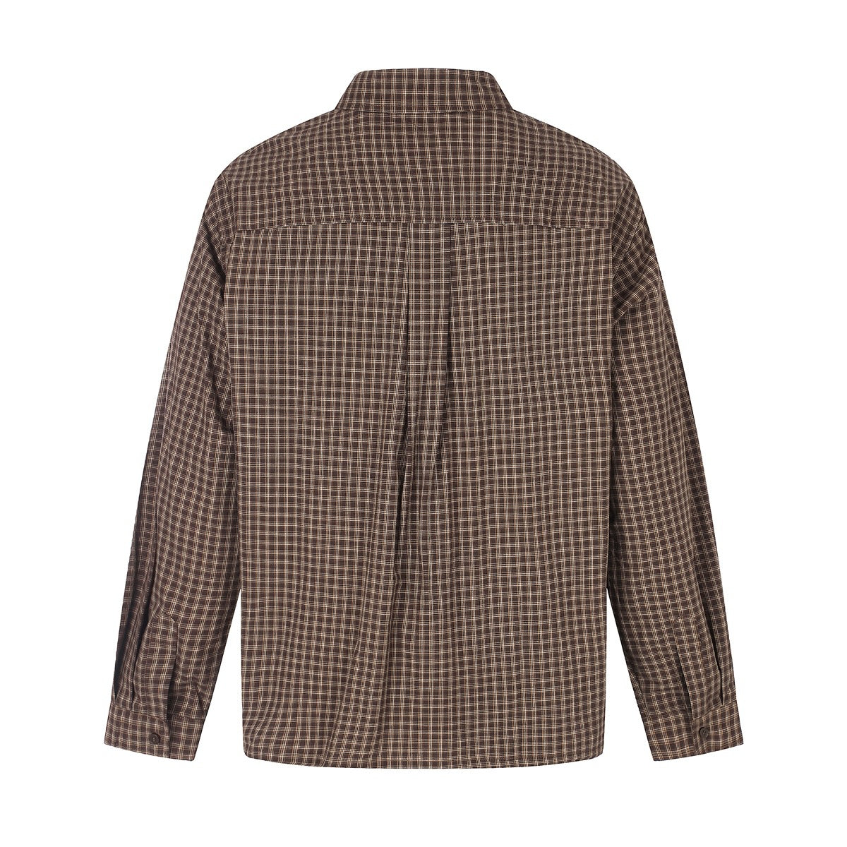 Back view of a brown plaid long-sleeve shirt with a yoke and center pleat.