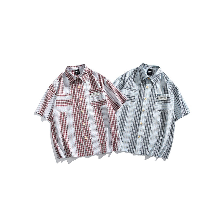 Two short-sleeve button-up shirts shown from the front: one red-and-white plaid, the other blue, navy, and white.