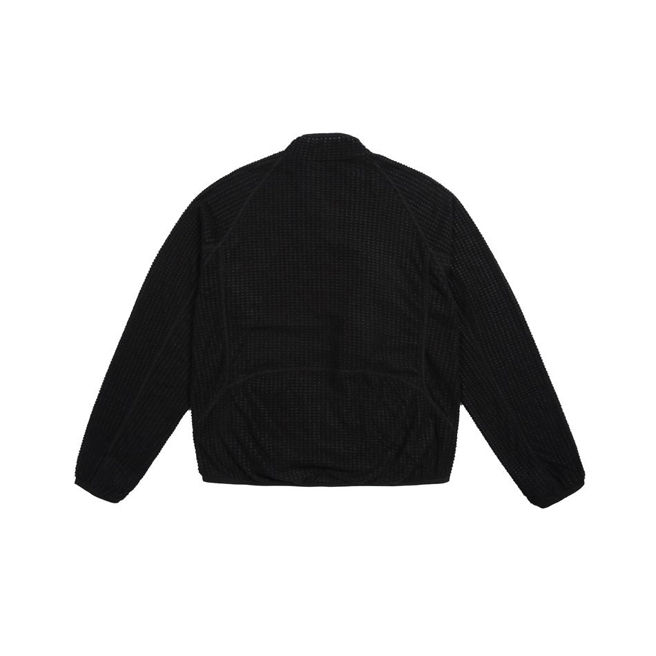 Black textured jacket shown from the back against a plain white background.