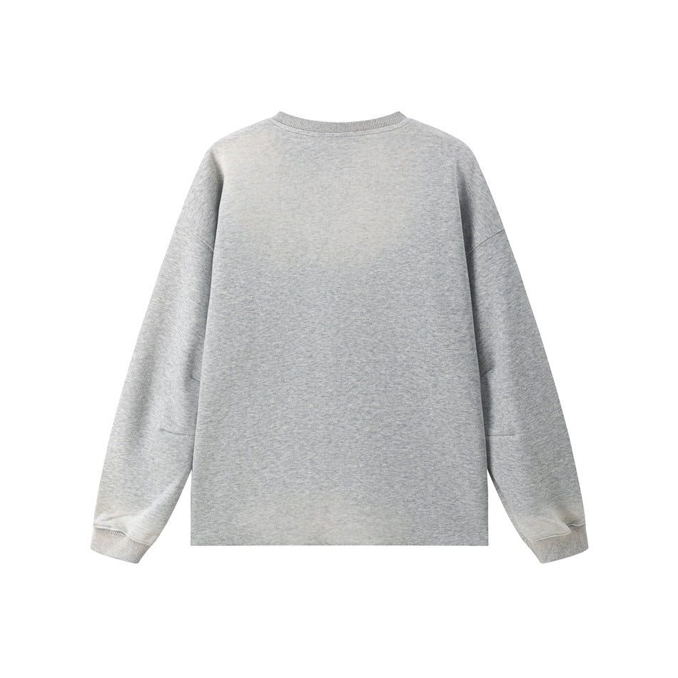 Back view of a light gray pullover laid flat, showing a plain back, ribbed crew neck, cuffs, and hem.