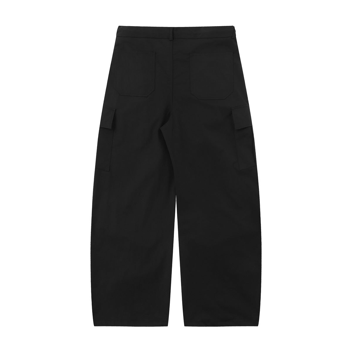Back view of black wide-leg cargo pants with two rear patch pockets and side cargo pockets.