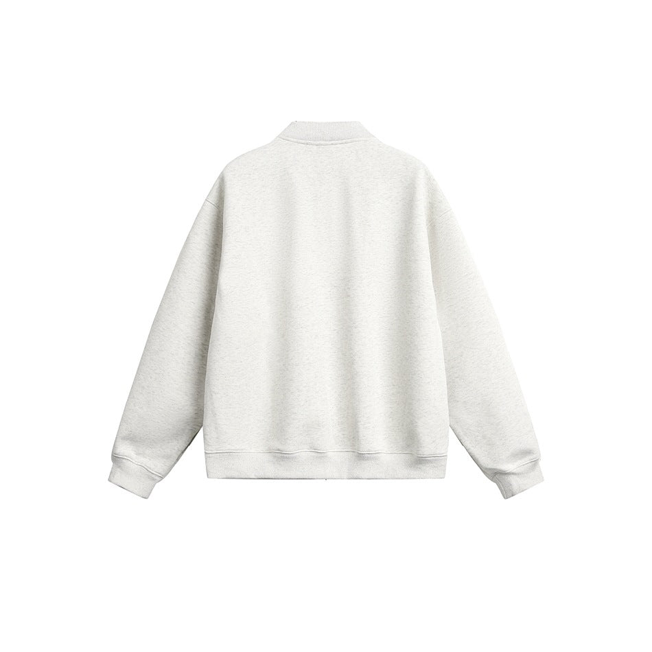 Back view of a light heather gray sweatshirt with long sleeves, ribbed cuffs and hem, and a short ribbed collar.