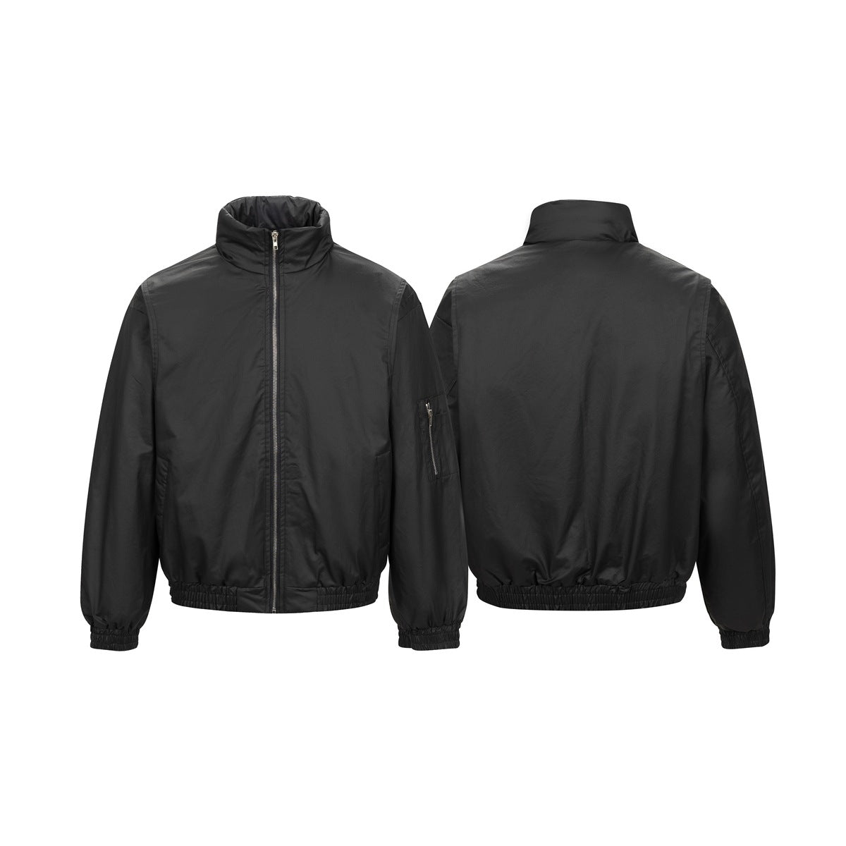 Black high-collar zip jacket shown from the front and back, with elastic cuffs and hem.