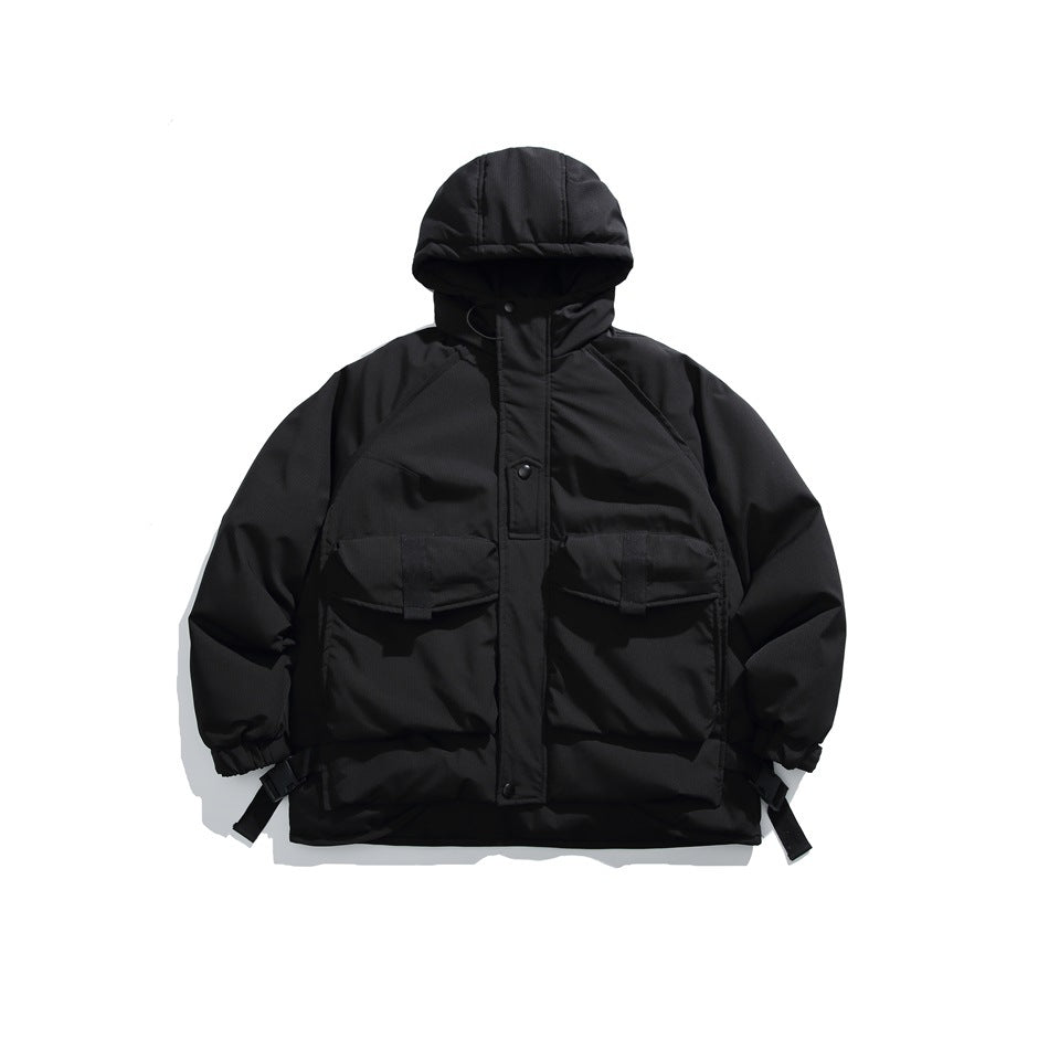 Black hooded puffer jacket, front flat lay, with snap placket, flap pockets and buckle straps at the cuffs