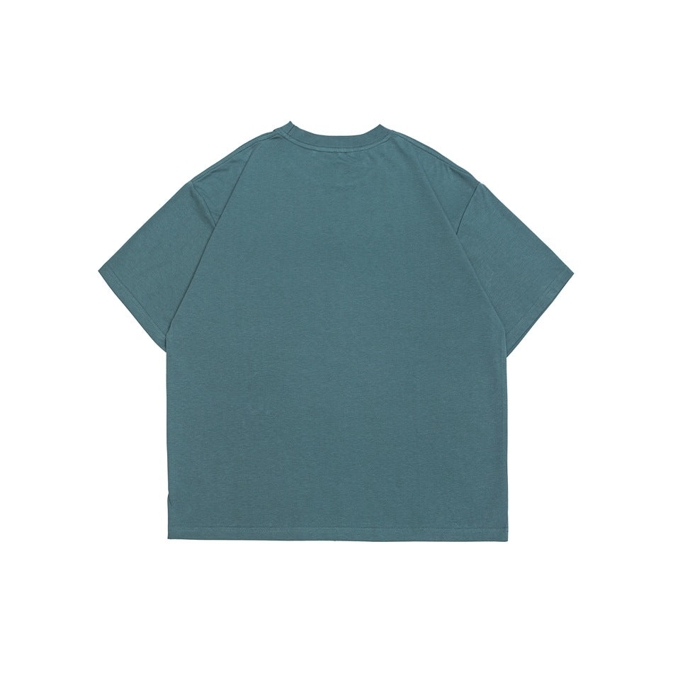 Back view of a plain muted teal short-sleeve crew-neck T-shirt laid flat on a white background.