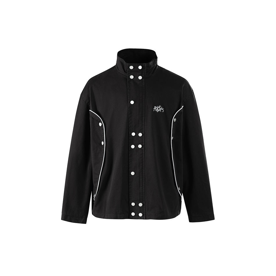 Black stand-collar jacket with white snap buttons, white side piping and small embroidered chest logo, front view