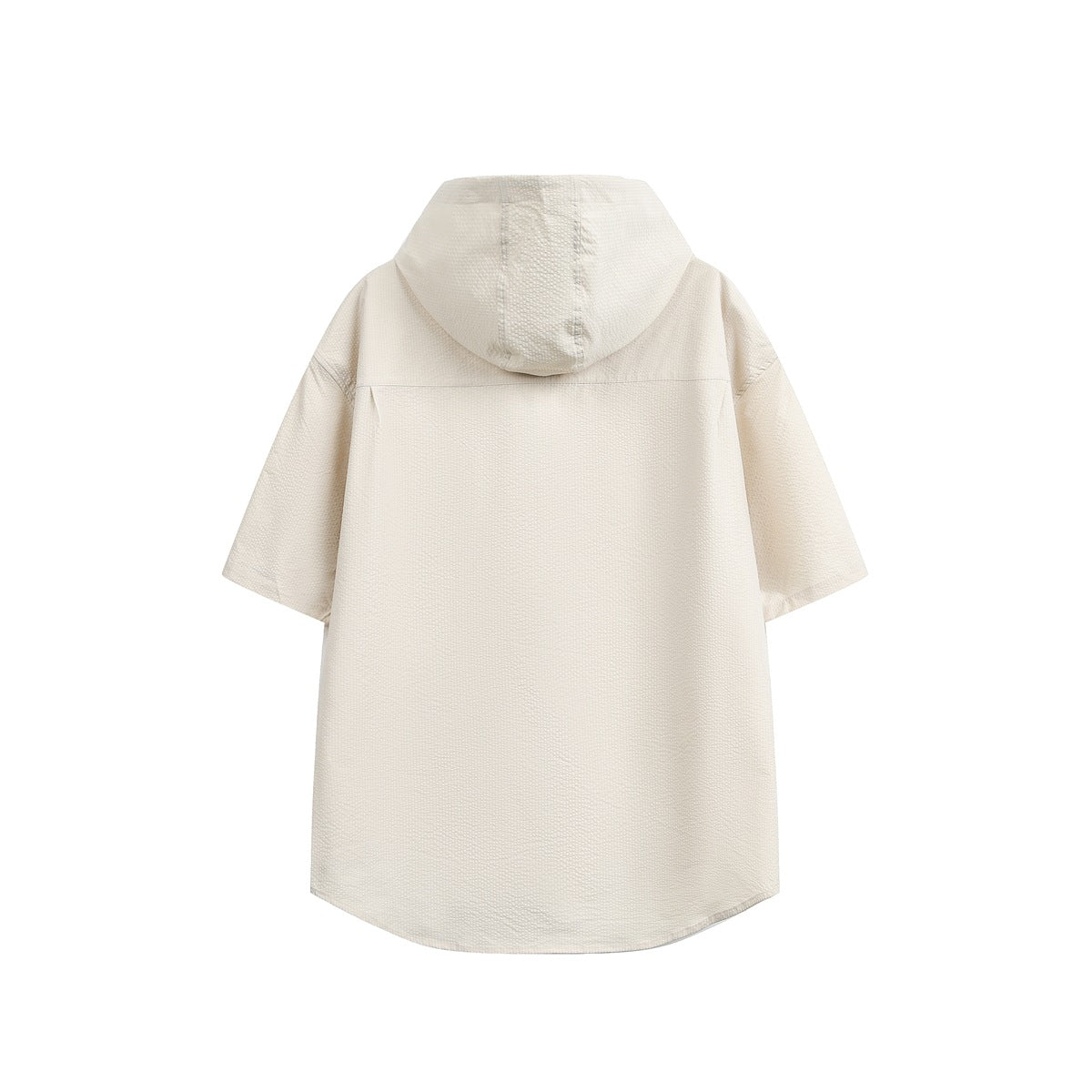 Back view of khaki short-sleeve hooded shirt showing textured fabric, hood and curved hem