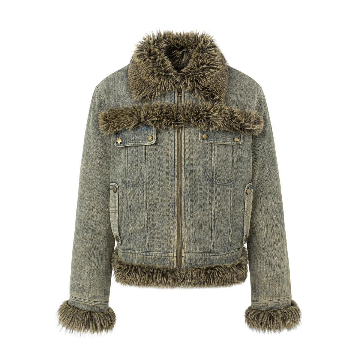 Washed blue-green denim zip jacket with shaggy faux fur-style collar, chest band, hem and cuffs, flat front view