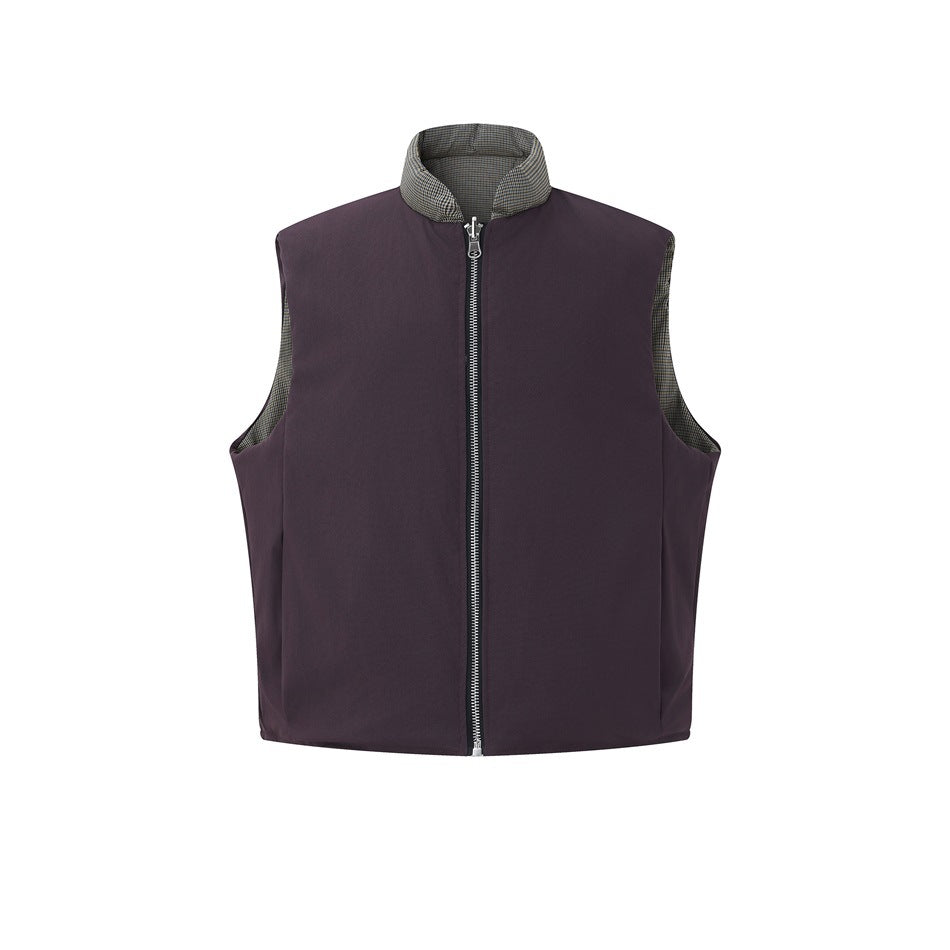 Front view of a deep plum sleeveless zip vest with a checked stand collar and checked trim inside the armholes.
