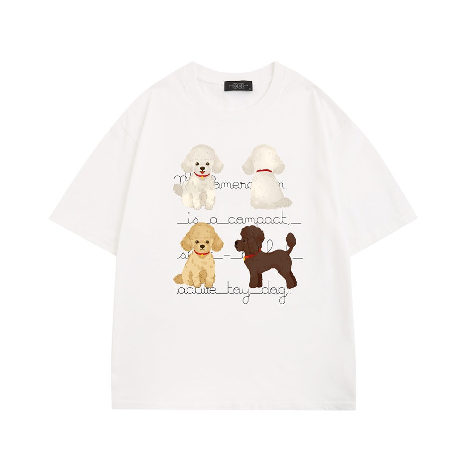 White short-sleeve T-shirt with four illustrated poodles and cursive lettering printed on the front