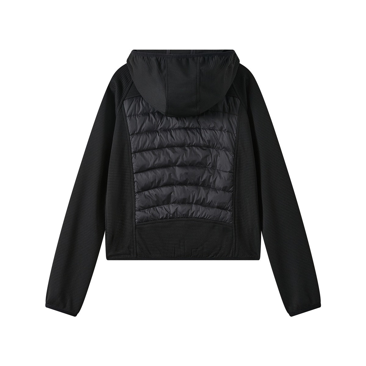 Black hooded jacket, flat back view with a quilted center panel, textured grid-knit hood and sleeves, and a ribbed-look hem