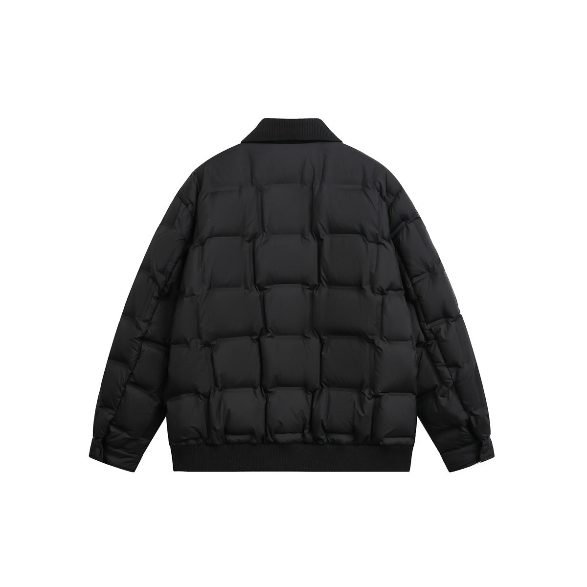 Back view of a black quilted jacket with a ribbed collar and hem.