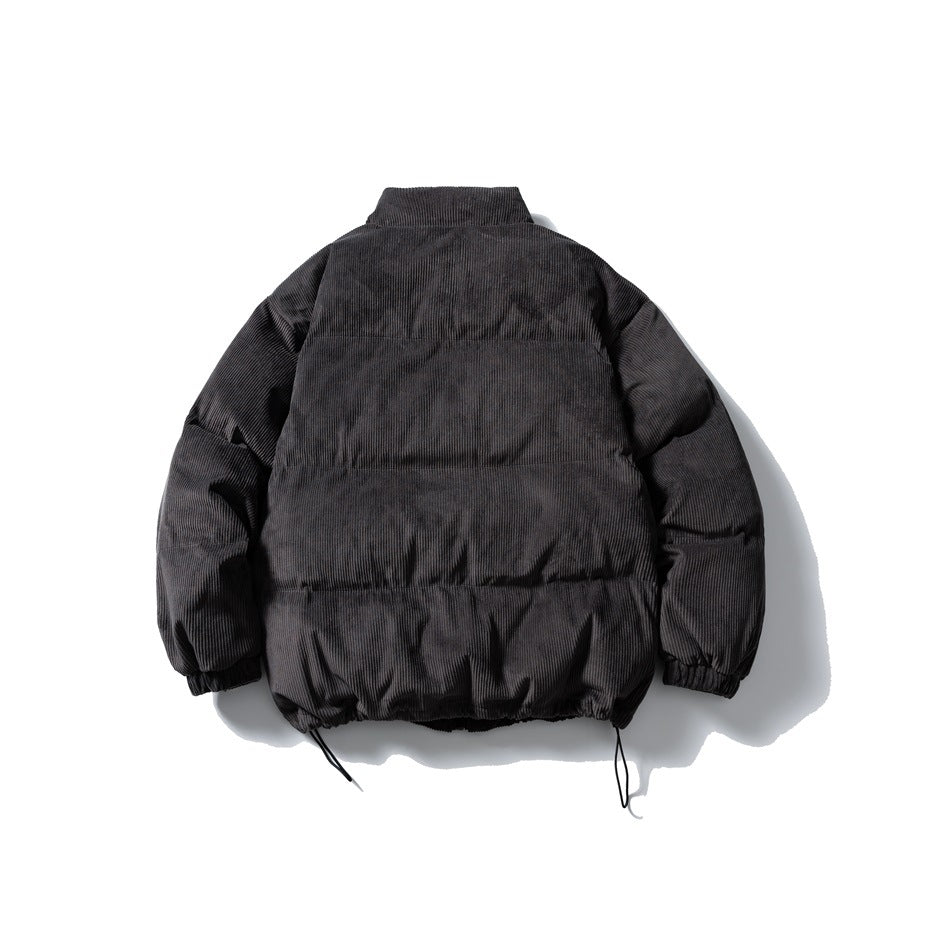 Back view of dark gray corduroy-look puffer jacket with stand collar, horizontal quilting and drawcord hem
