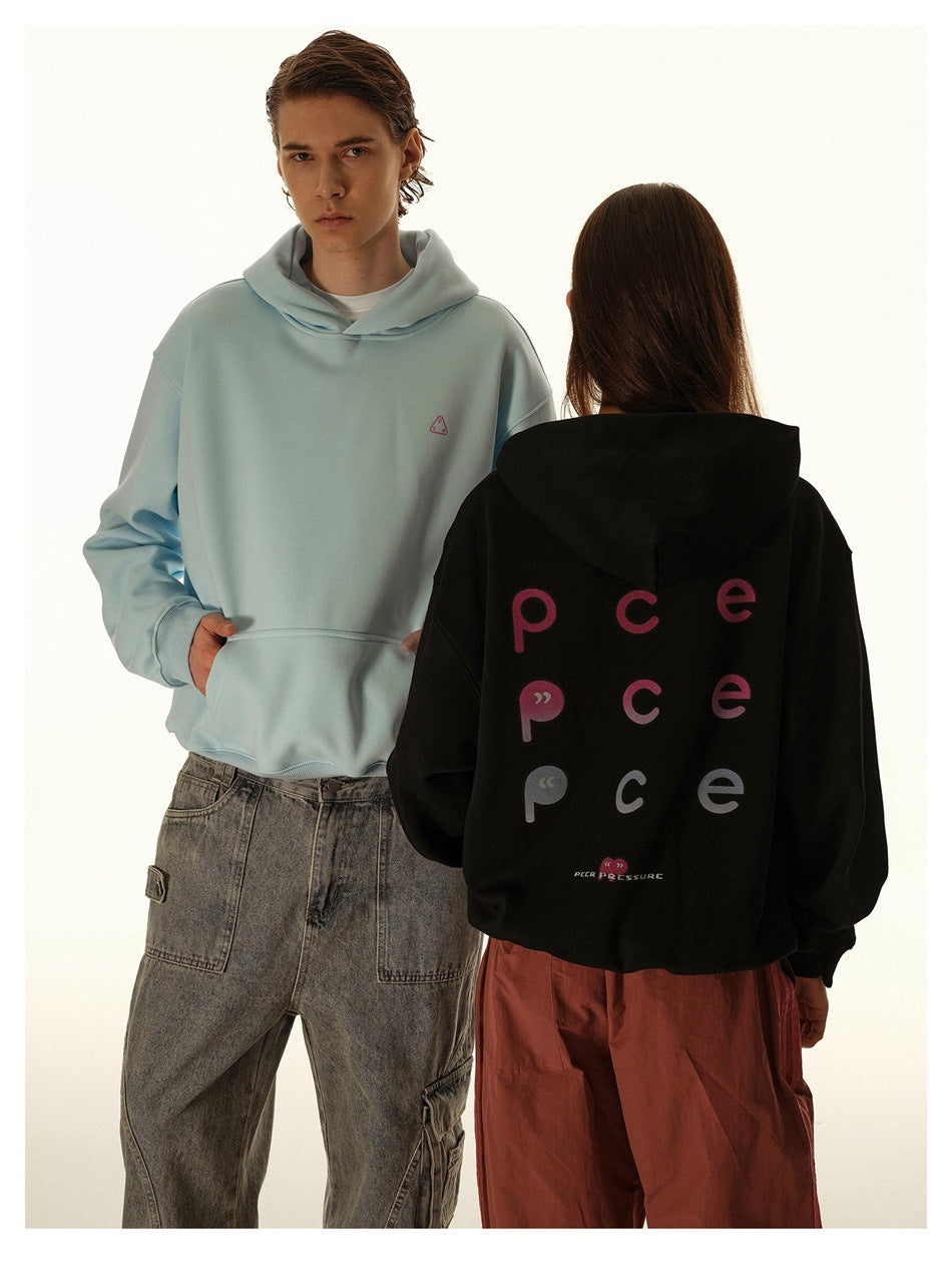 Two models in hoodies: front of a sky blue hoodie with chest logo and the back of a black hoodie with gradient letter print