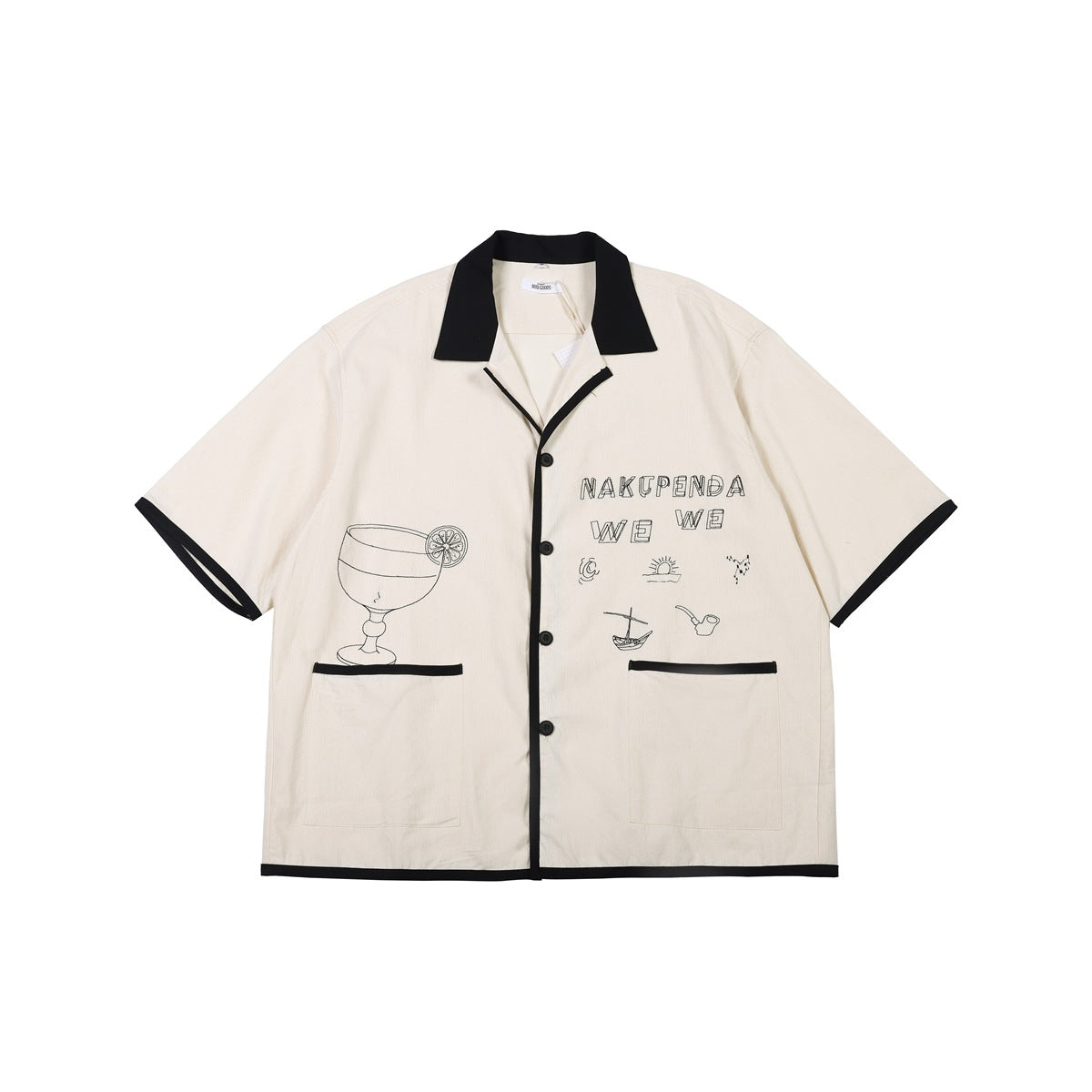 Beige short-sleeve camp-collar shirt with black trim, front pockets and black line-art cocktail and text graphics