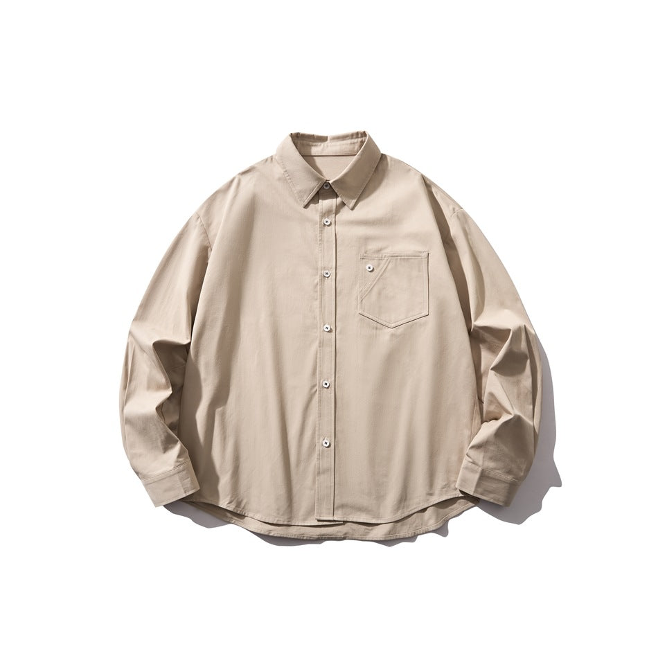 Beige long-sleeve button-up shirt with collar and chest pocket, front flat lay