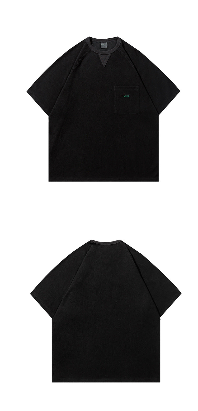 Black short-sleeve raglan T-shirt shown from the front and back; the front has a chest pocket.