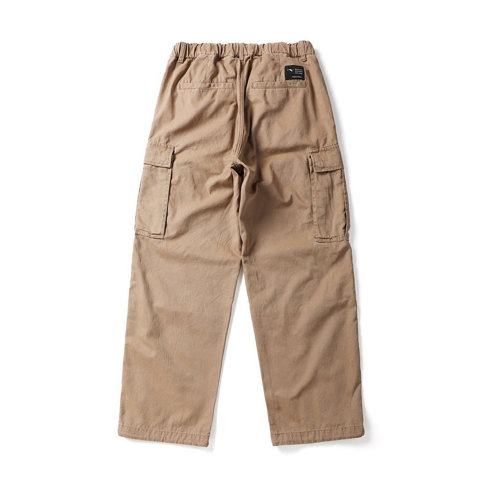 Back view of khaki cargo pants with elastic waistband, back welt pockets, side flap pockets and small black label