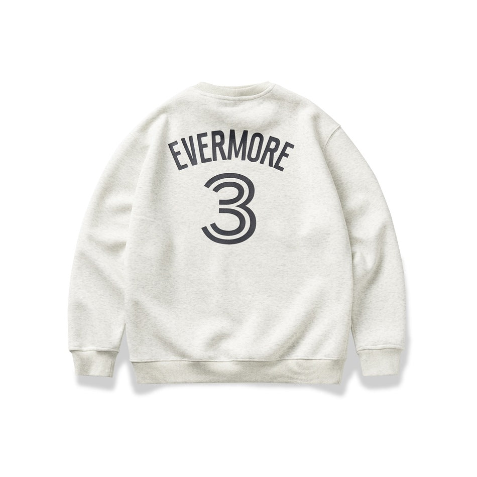 Back of light heather gray crewneck sweatshirt with large dark 'EVERMORE 3' print and ribbed cuffs and hem