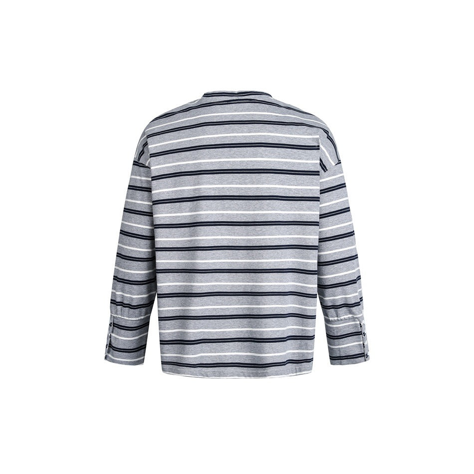 Back view of a gray long-sleeve shirt with horizontal navy and white stripes on a plain white background.
