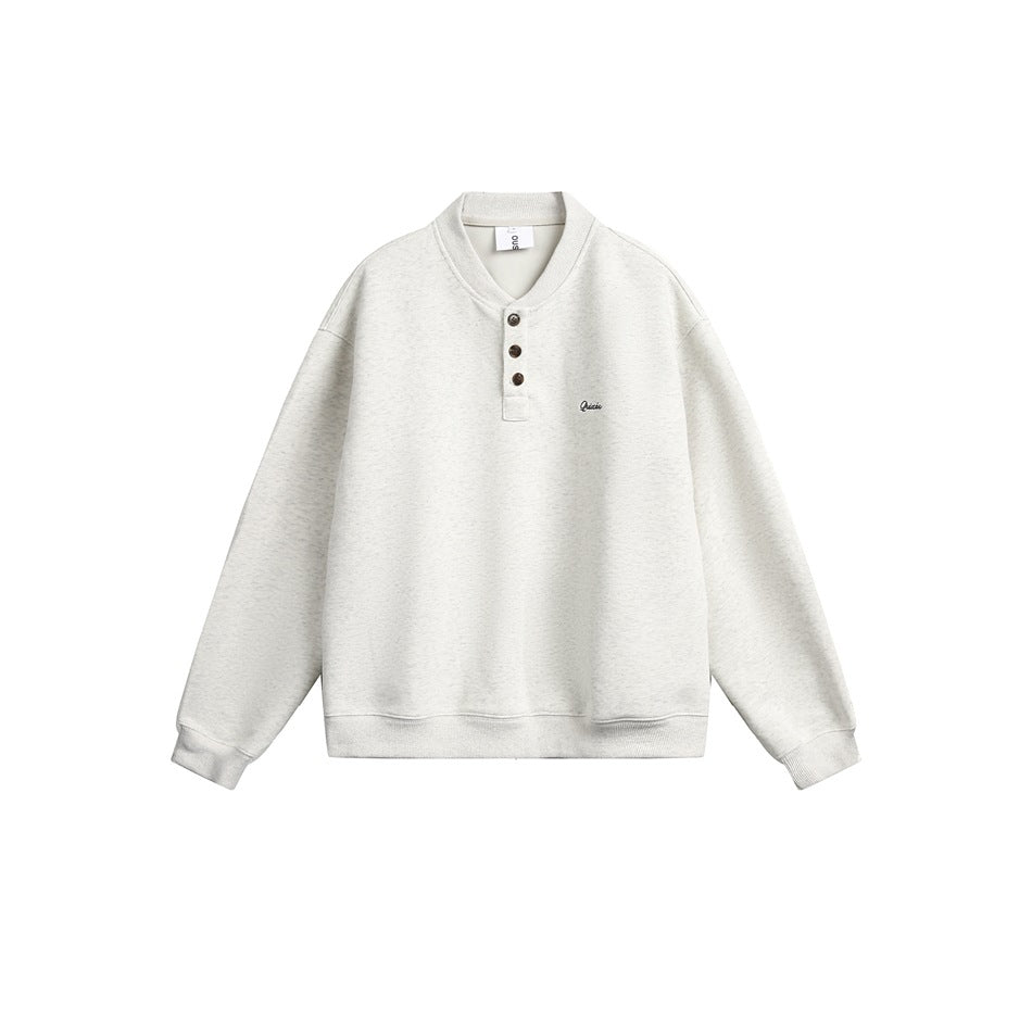 Light heather gray henley-collar pullover sweatshirt with three buttons and small chest embroidery, flat front view