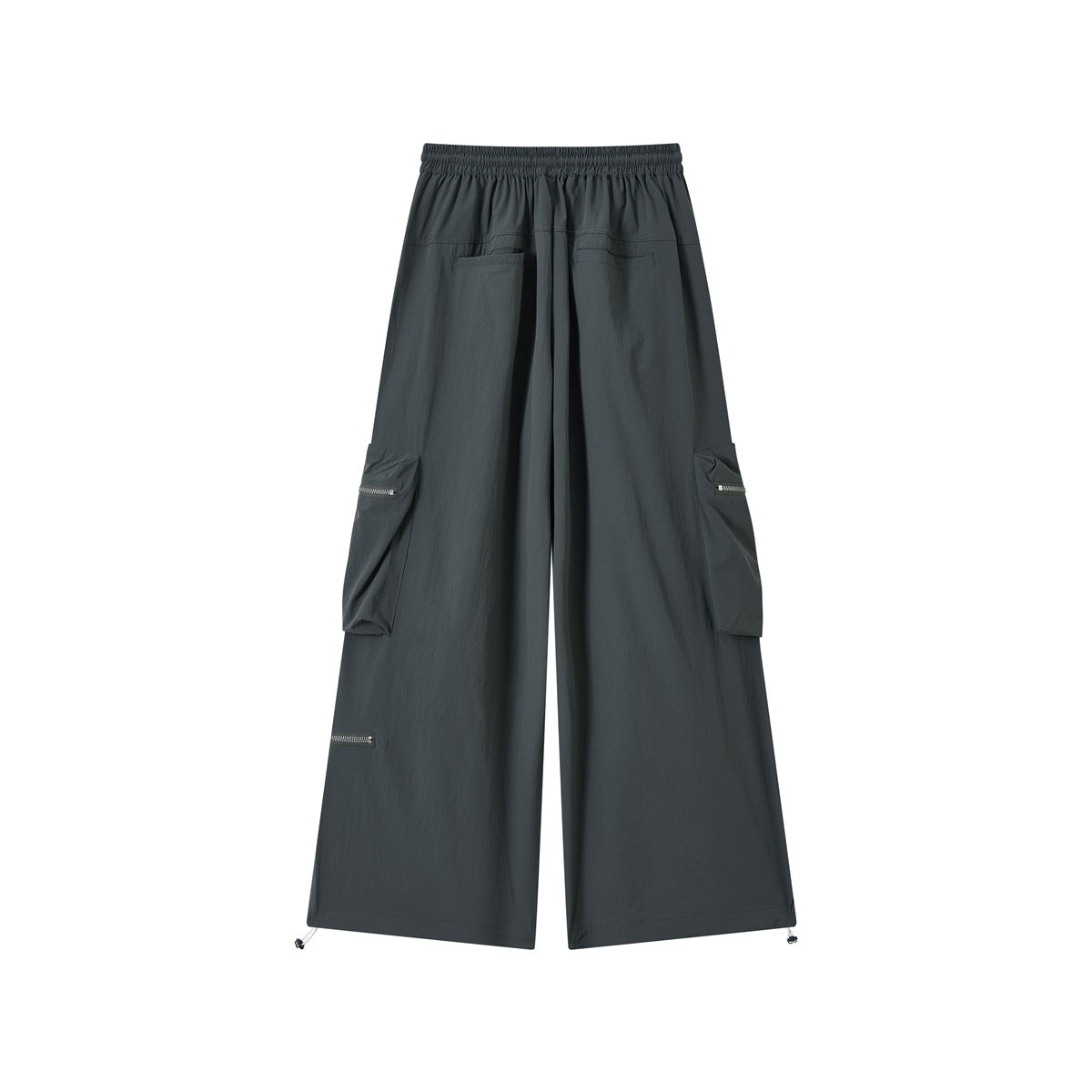 Dark gray wide-leg cargo pants back view with patch pockets, side cargo pockets and hem drawcords