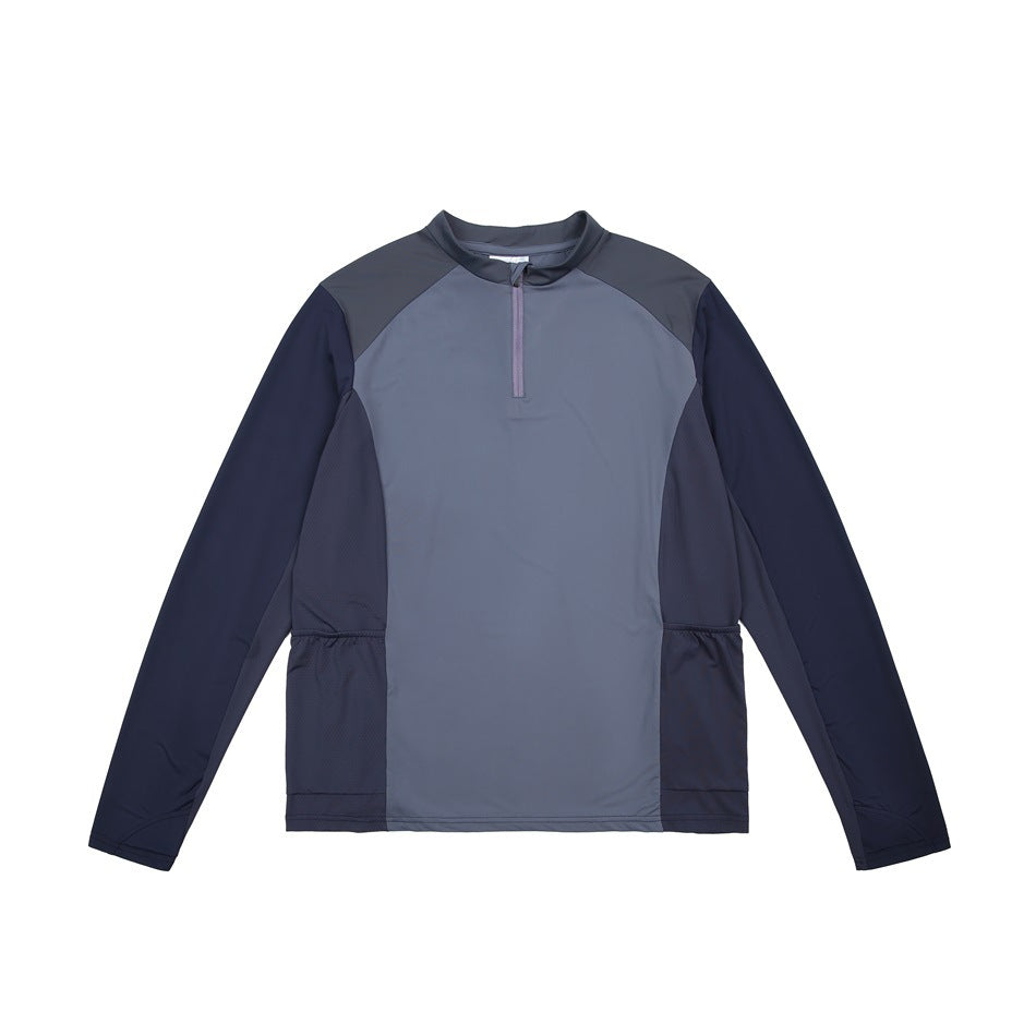 Slate blue and navy color-block quarter-zip long-sleeve top, flat front view