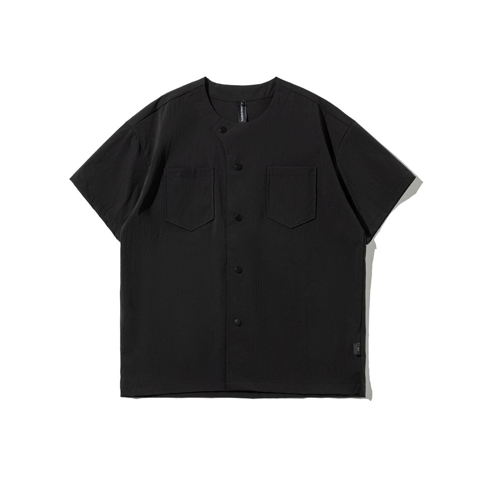 Black short-sleeve collarless snap-button shirt with two chest pockets, front flat lay