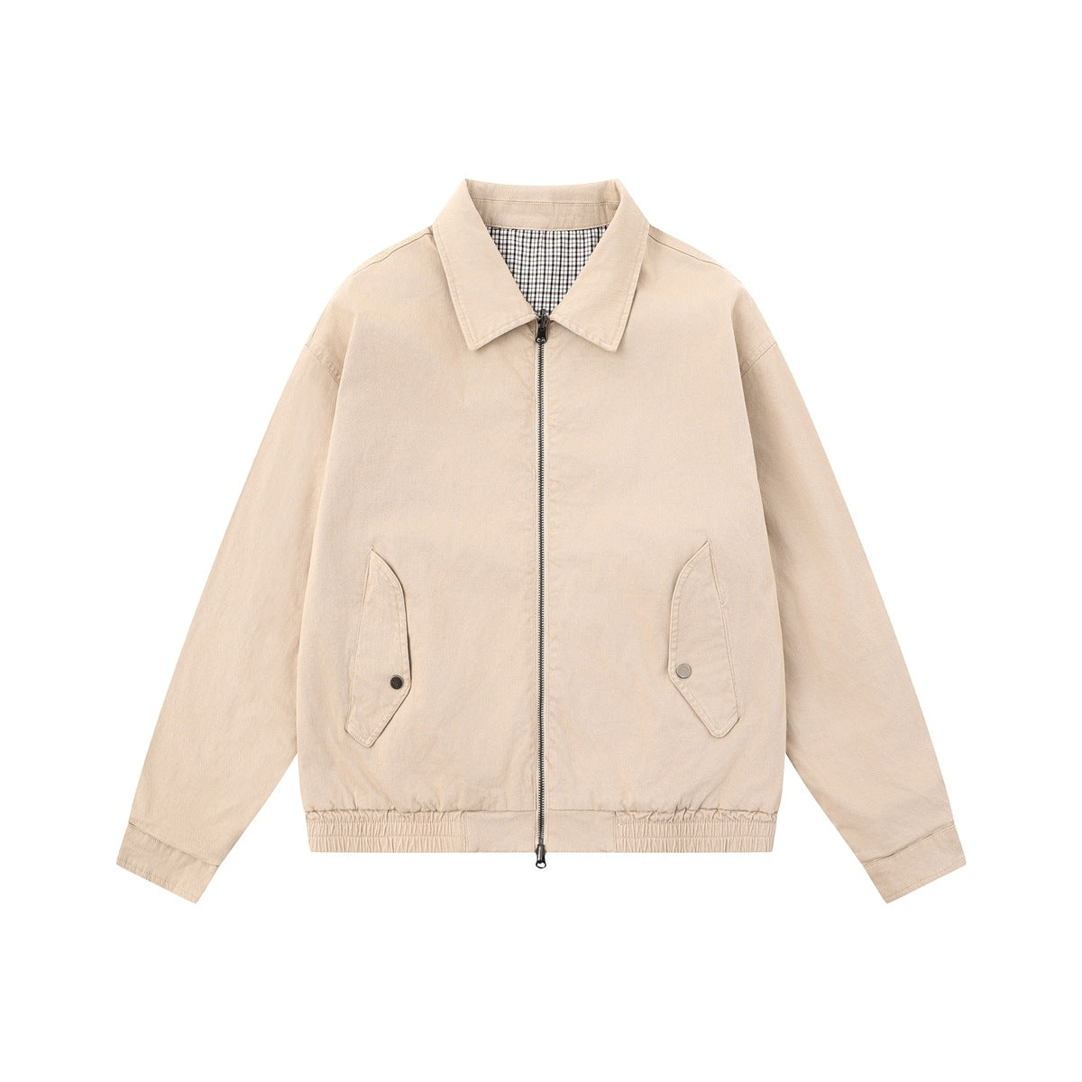 Light khaki collared zip-front jacket flat lay with check fabric at collar, flap pockets and elastic hem