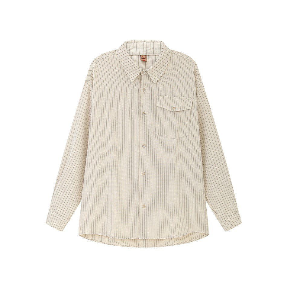 Apricot pinstripe long-sleeve button-up shirt with flap chest pocket, flat lay front view