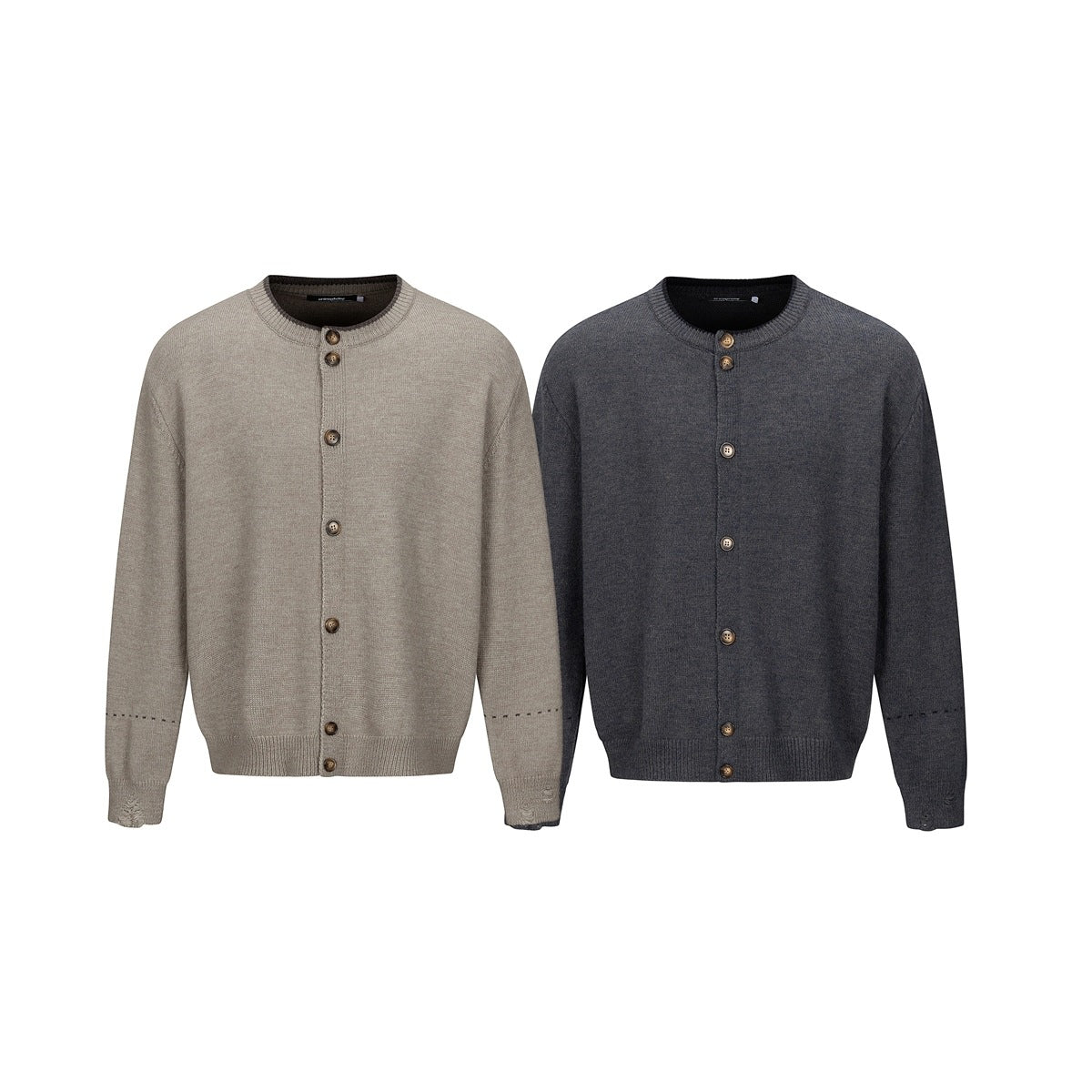 Two button-front knit cardigans shown from the front: one taupe and one charcoal gray.