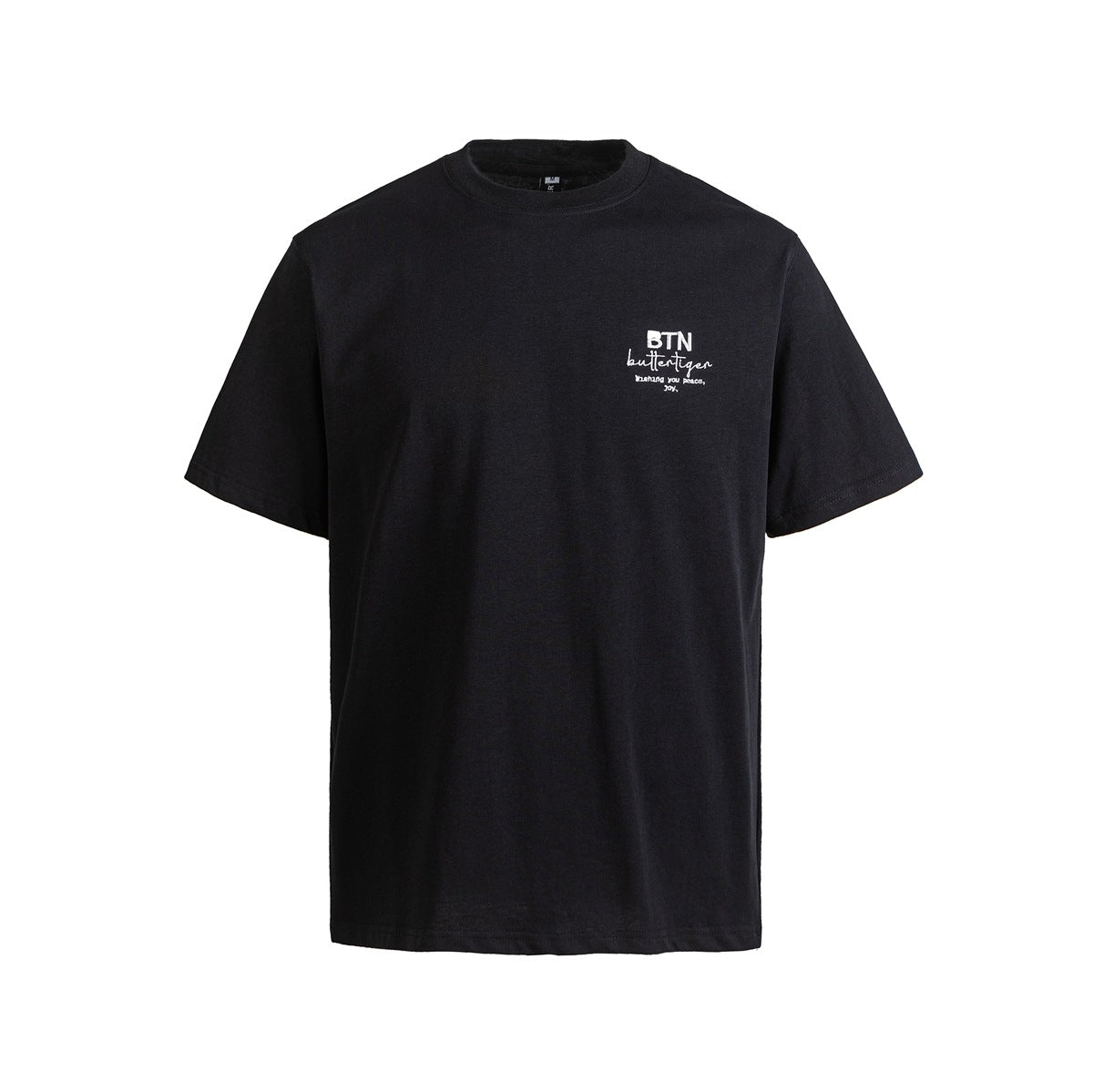 Black short-sleeve crew neck T-shirt, flat front view with small white lettering on the left chest