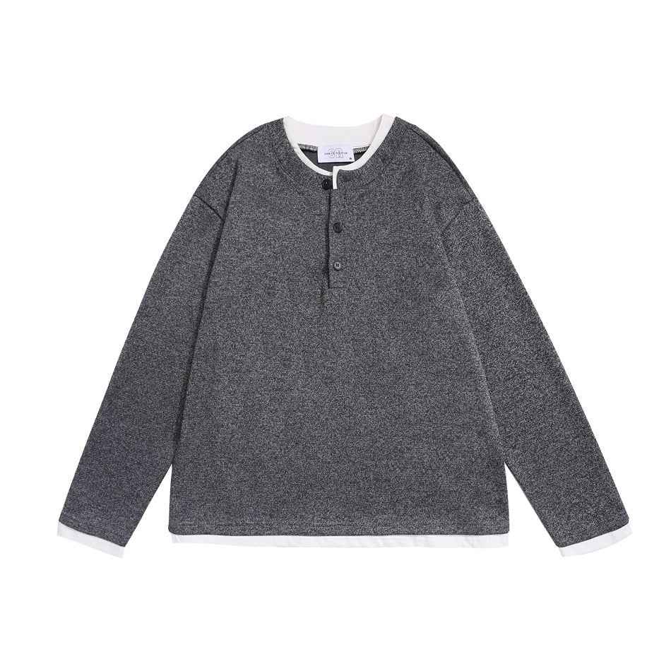 Dark gray heathered long-sleeve Henley sweatshirt with white layered trim, front flat lay