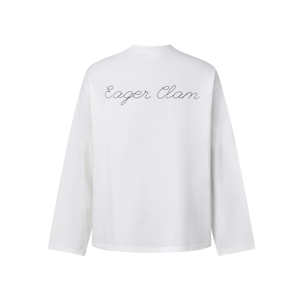 White long-sleeve crew-neck top, back view, with black script 'Eager Clam' lettering across the upper back