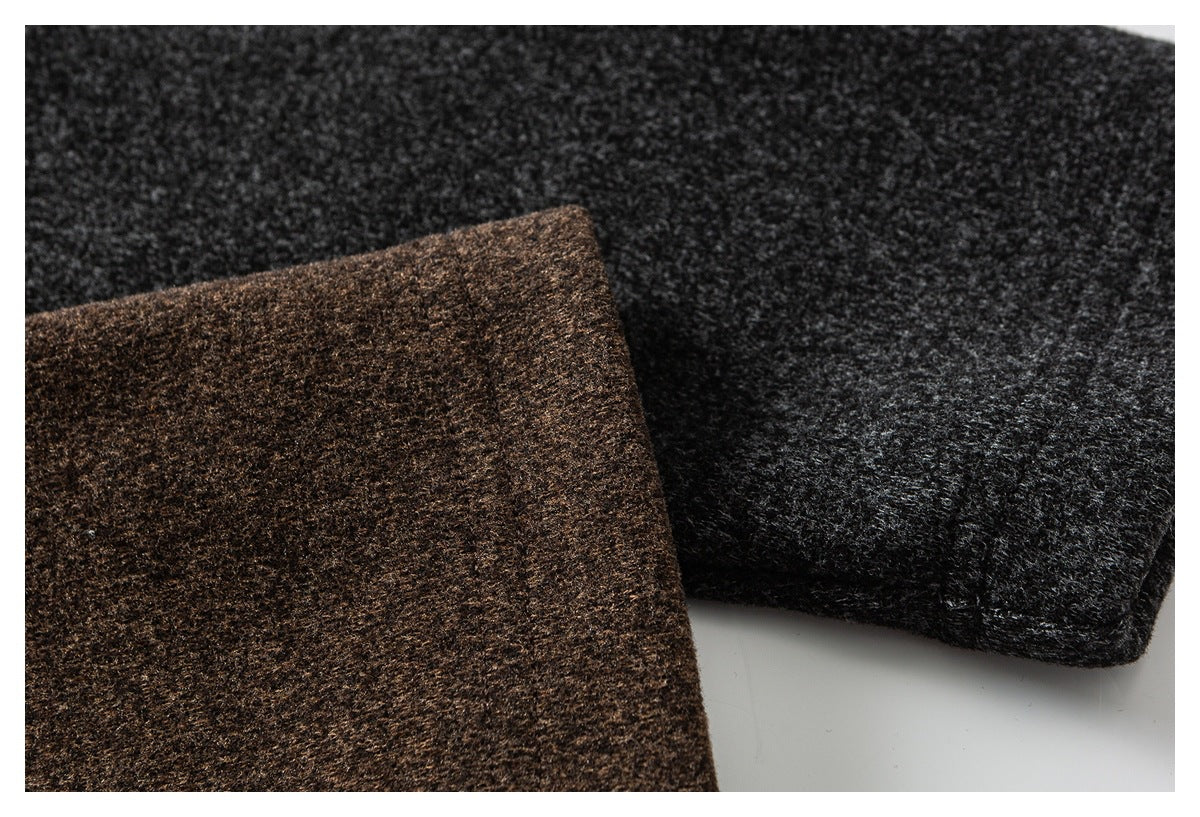 Close-up of brown and charcoal-black textured garment fabric shown side by side.