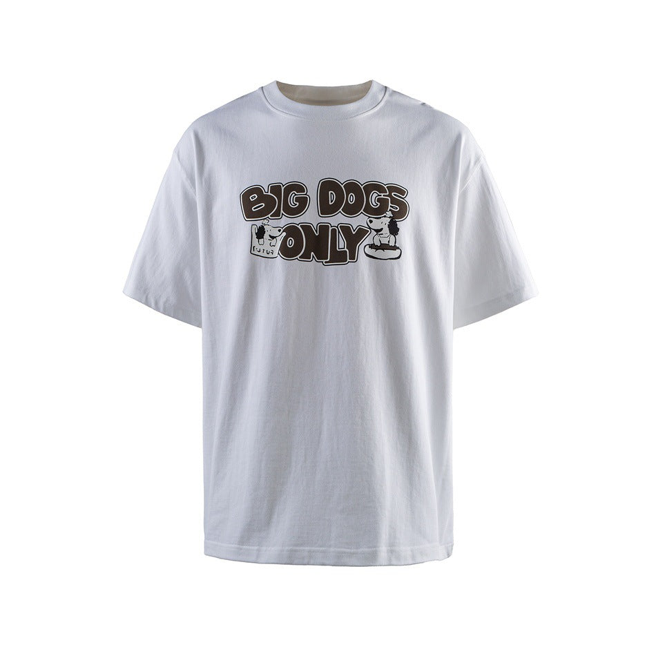 White crew-neck T-shirt with brown 'BIG DOGS ONLY' cartoon dog print on the chest, front view flat