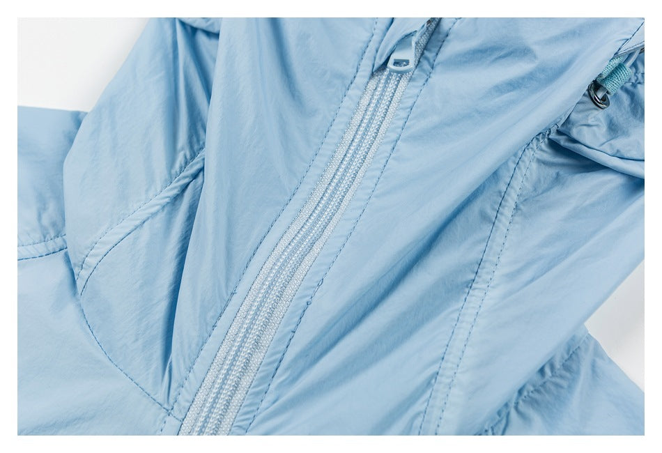 Close-up of the light blue jacket's front zipper, stitched panels, and side hardware.