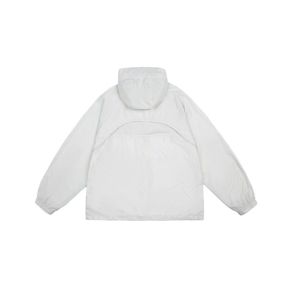 Back view of a white hooded jacket with elastic cuffs and a curved mesh ventilation panel across the upper back.