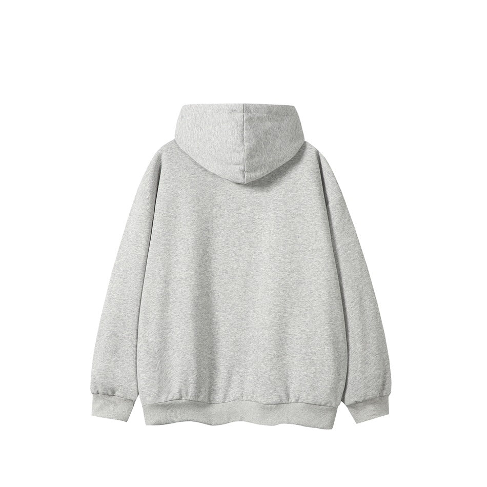 Back view of a plain light gray hooded sweatshirt with matching ribbed cuffs and hem.
