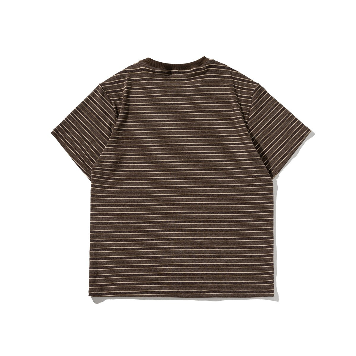 Back view of a brown T-shirt with thin cream horizontal stripes and a ribbed brown crew collar