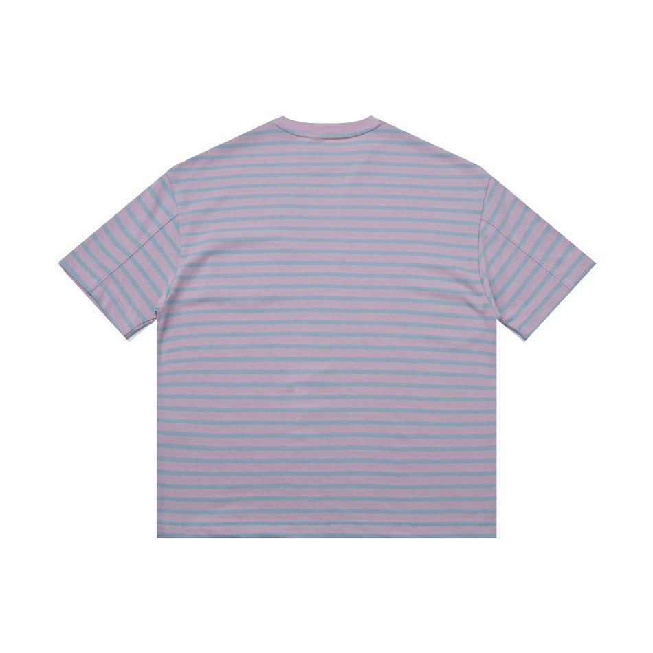 Back view of pink and light blue striped short-sleeve crew-neck T-shirt, plain with no graphics