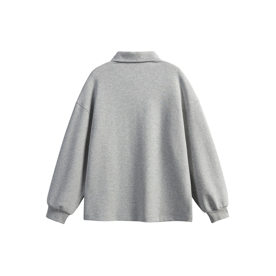 Back view of a plain heather gray collared long-sleeve pullover with dropped shoulders and ribbed cuffs.