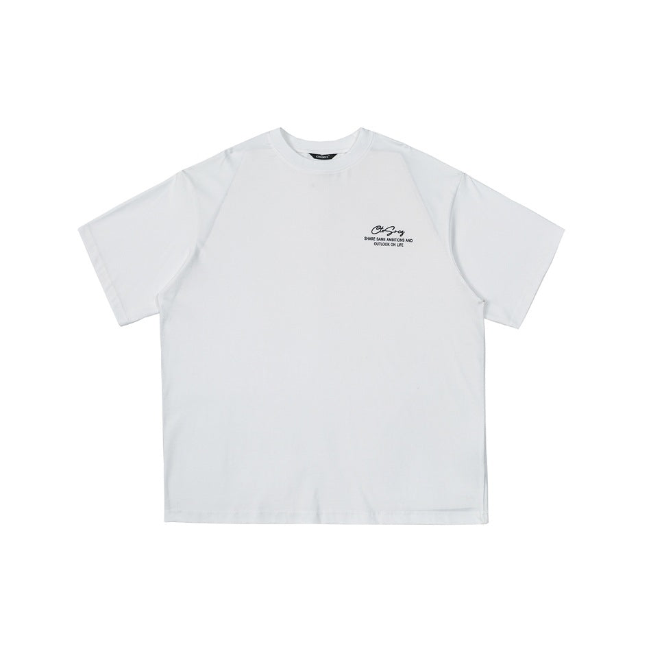 White short-sleeve crew-neck T-shirt front with small black script and text print on the chest