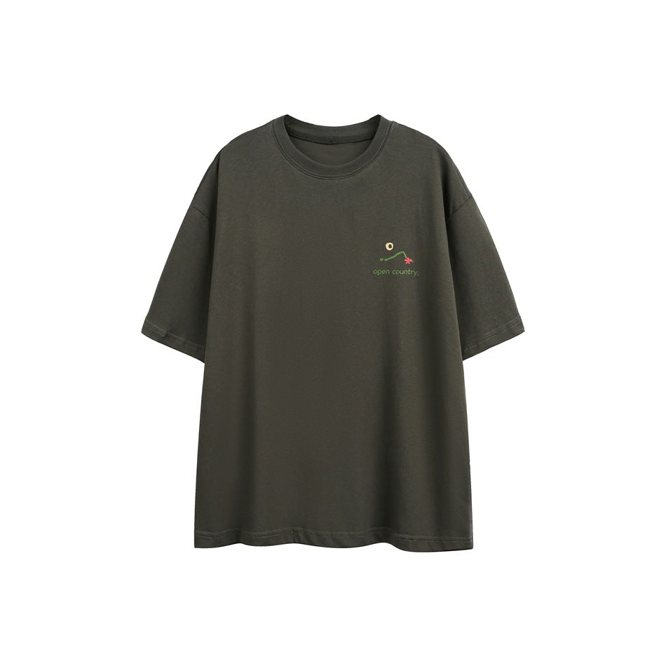 Dark gray short-sleeve crewneck t-shirt, flat front view with small open country print on left chest
