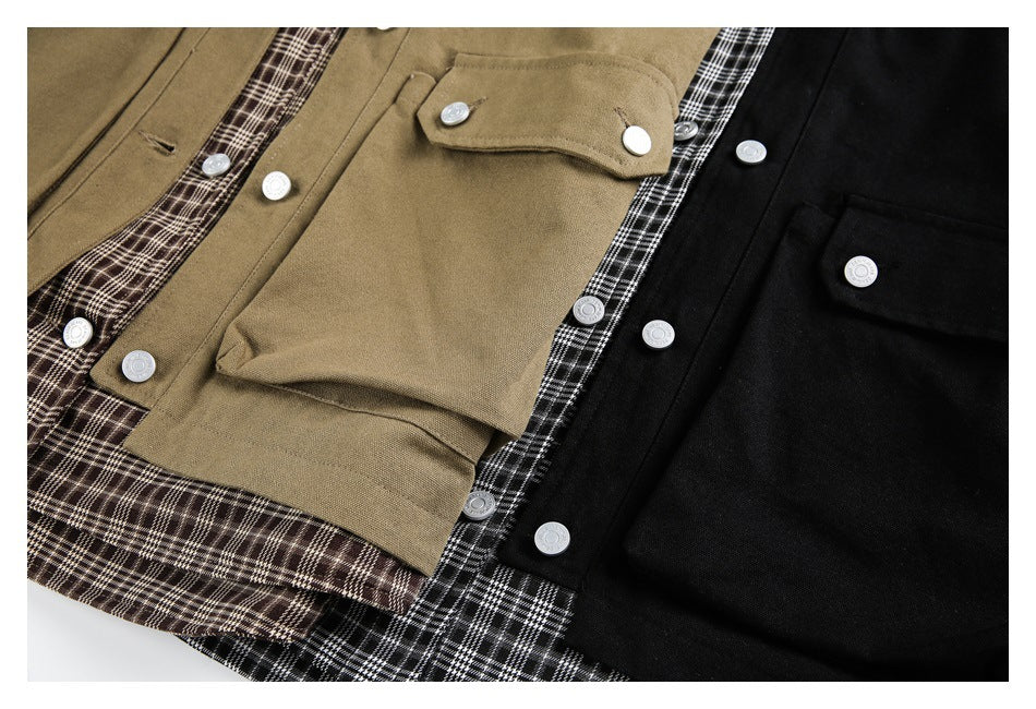 Overlapping khaki and black overshirts show plaid lining, flap pockets, and silver-tone buttons.