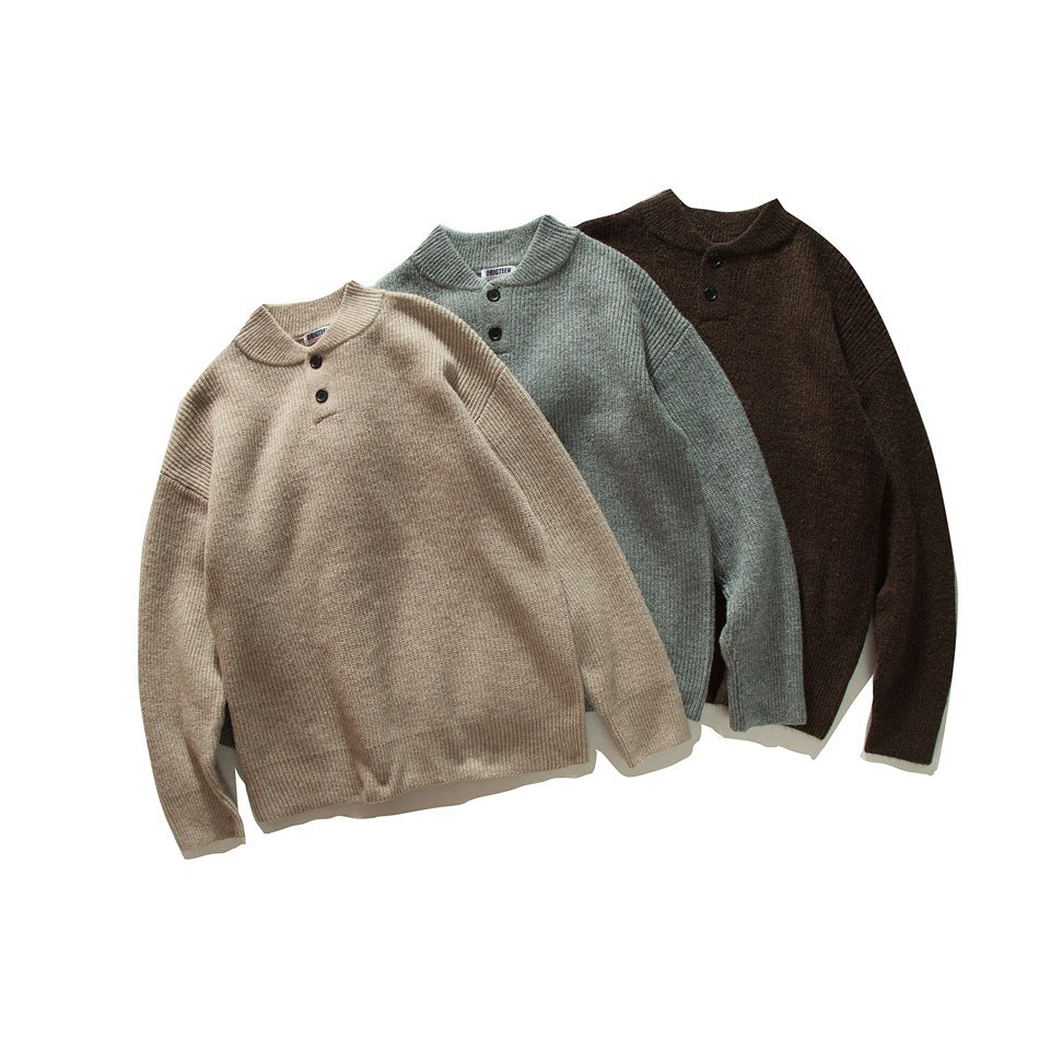 Three long-sleeve knit sweaters with short button plackets in beige, gray-green, and dark brown.