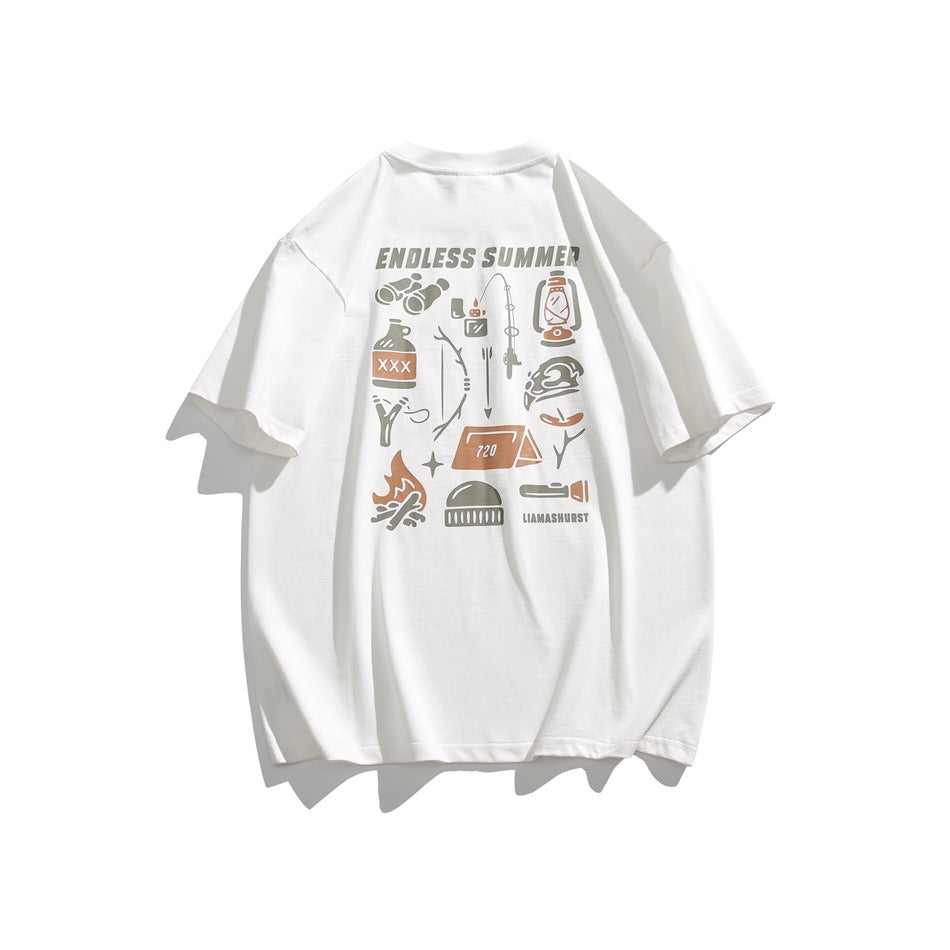 White short-sleeve T-shirt flat lay showing back print of camping icons under 'ENDLESS SUMMER' text
