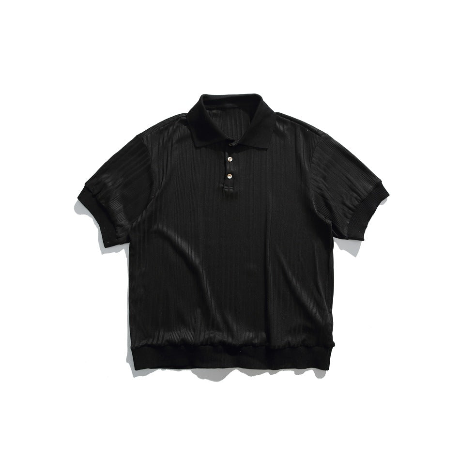 Black ribbed knit short-sleeve polo shirt with collar, two-button placket and ribbed cuffs, flat lay