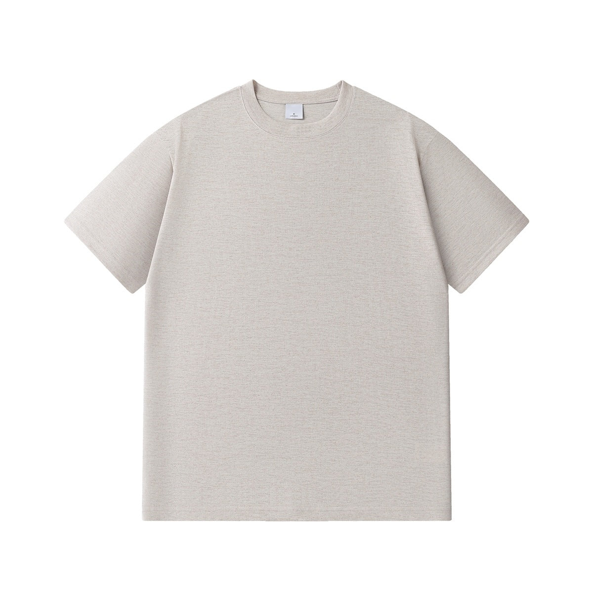 Light apricot-gray heathered short-sleeve crew-neck T-shirt laid flat, front view